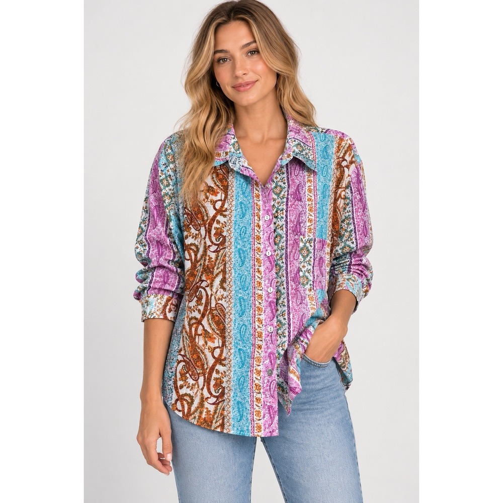 POL Womens Sheer Medium Paisley Patchwork Button Down Shirt Boho Western NWT